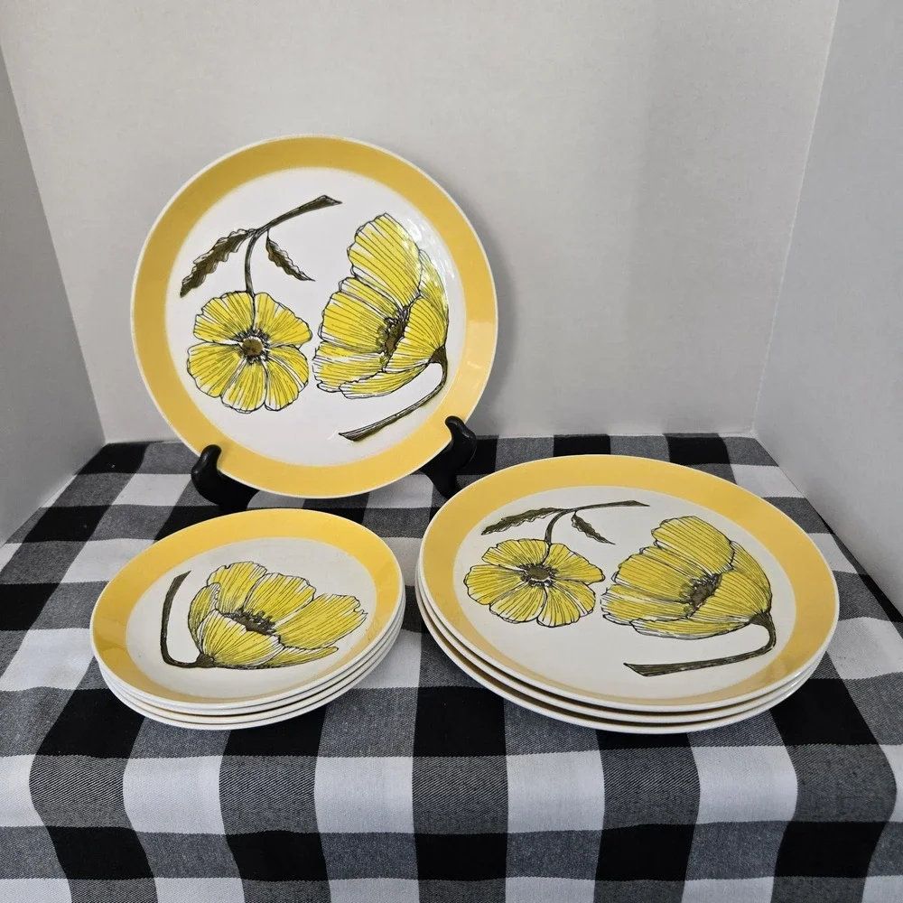 VTG Mikasa Duplex Plates Ben Seibel Duet 4 Dinner & 4 Salad Yellow Floral
